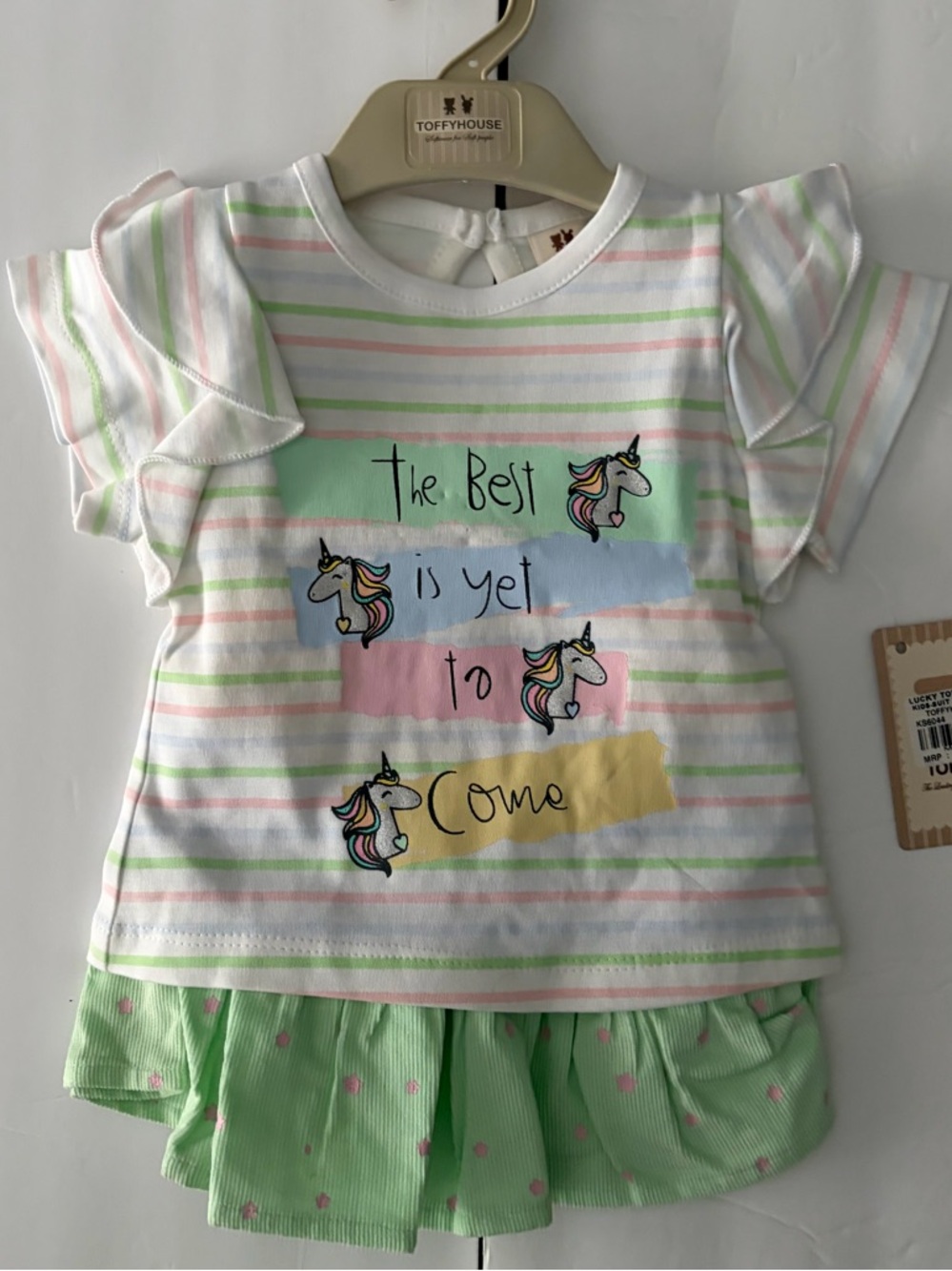 Toffy House‎ Unicorn Stripe Ruffle Sleeve Top and Skirt Set - White/Green